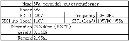 6VA toroidal autotransformer parameters